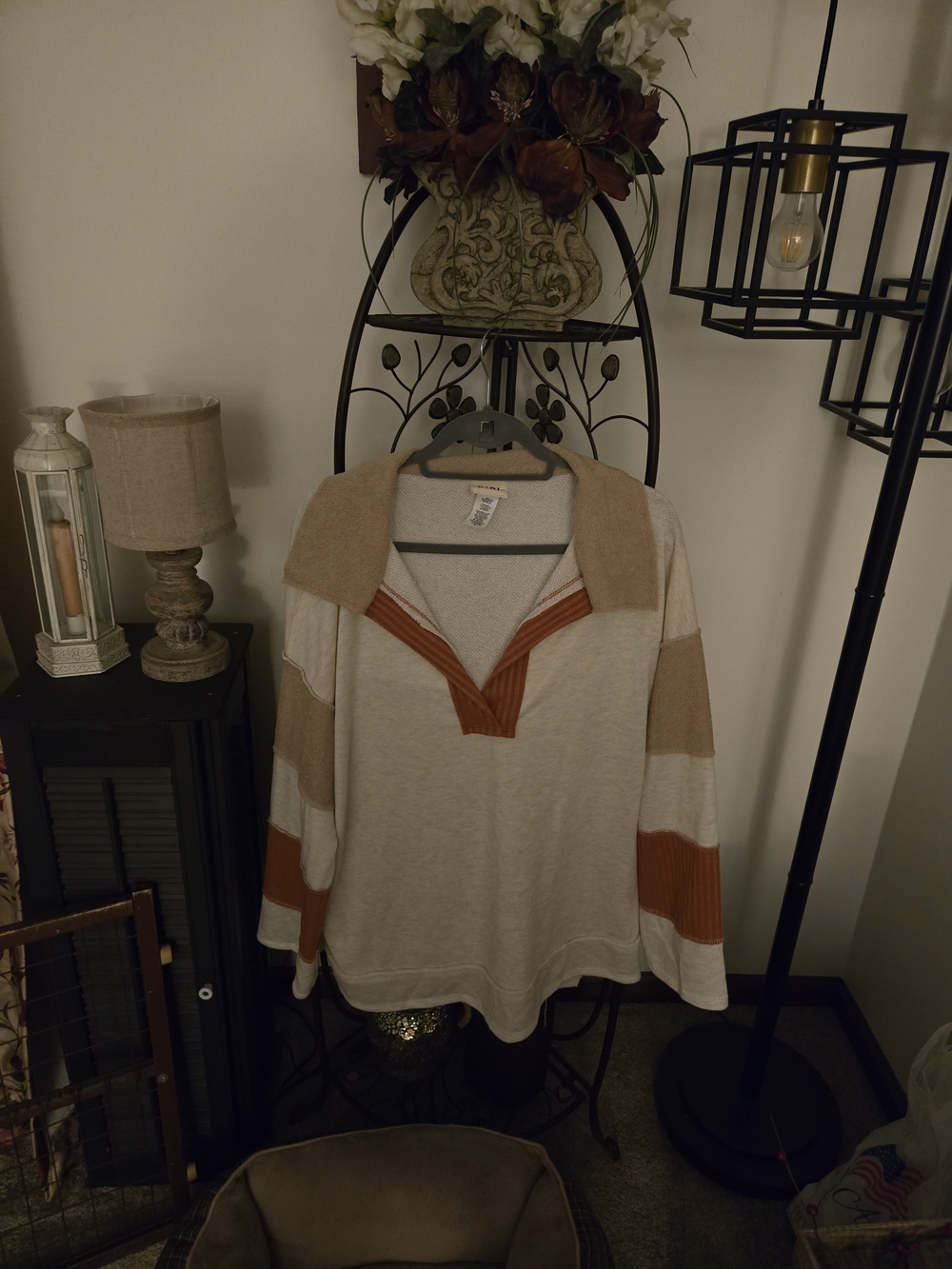 BiBi Cream and Tan Striped V-Neck Pullover